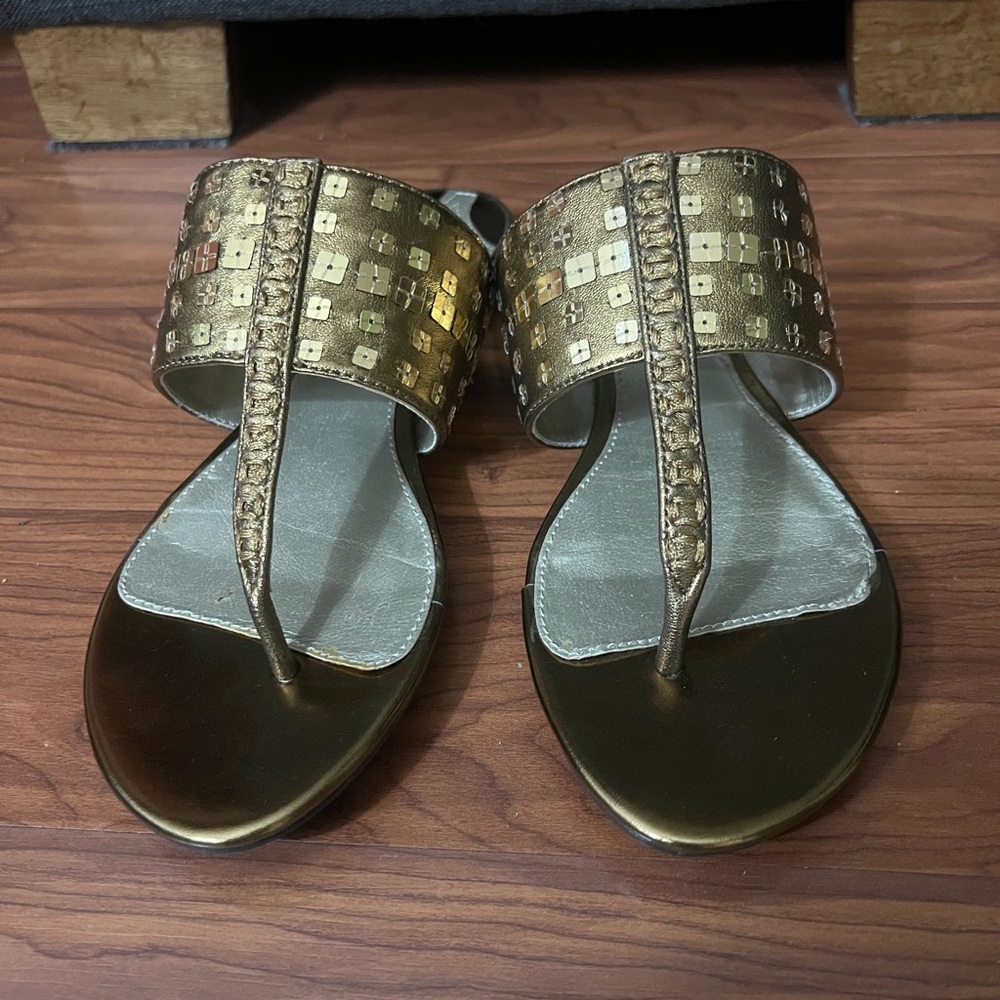 Adrienne Vittadini Gold Gladiator Sandals with Studded Design